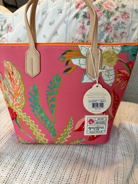 Spartina Pink Floral Tote Bag with Tan Handles